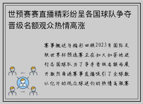 世预赛赛直播精彩纷呈各国球队争夺晋级名额观众热情高涨