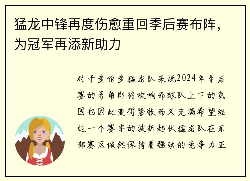 猛龙中锋再度伤愈重回季后赛布阵，为冠军再添新助力
